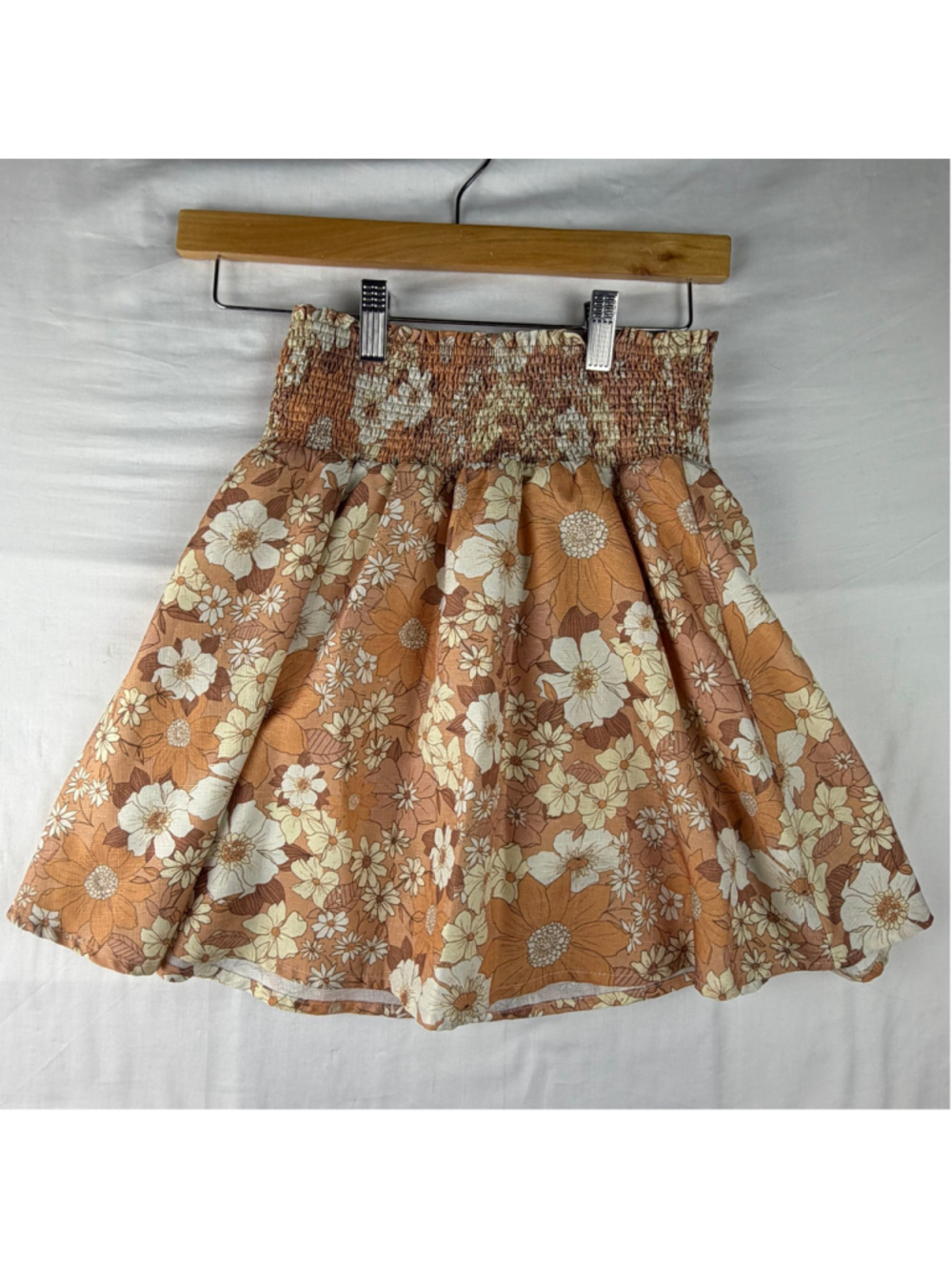 Wishlist Floral Skirt Medium Peach Tan Vintage Retro 70s Smocked Mini Skirt M